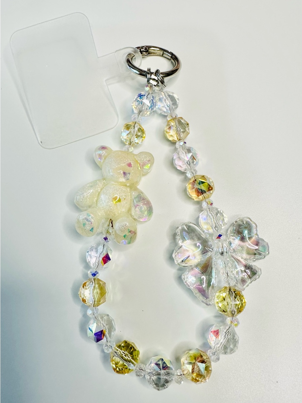 Iridescent Bear & Flower Beaded Phone or Bag Charm - Cream/Yellow